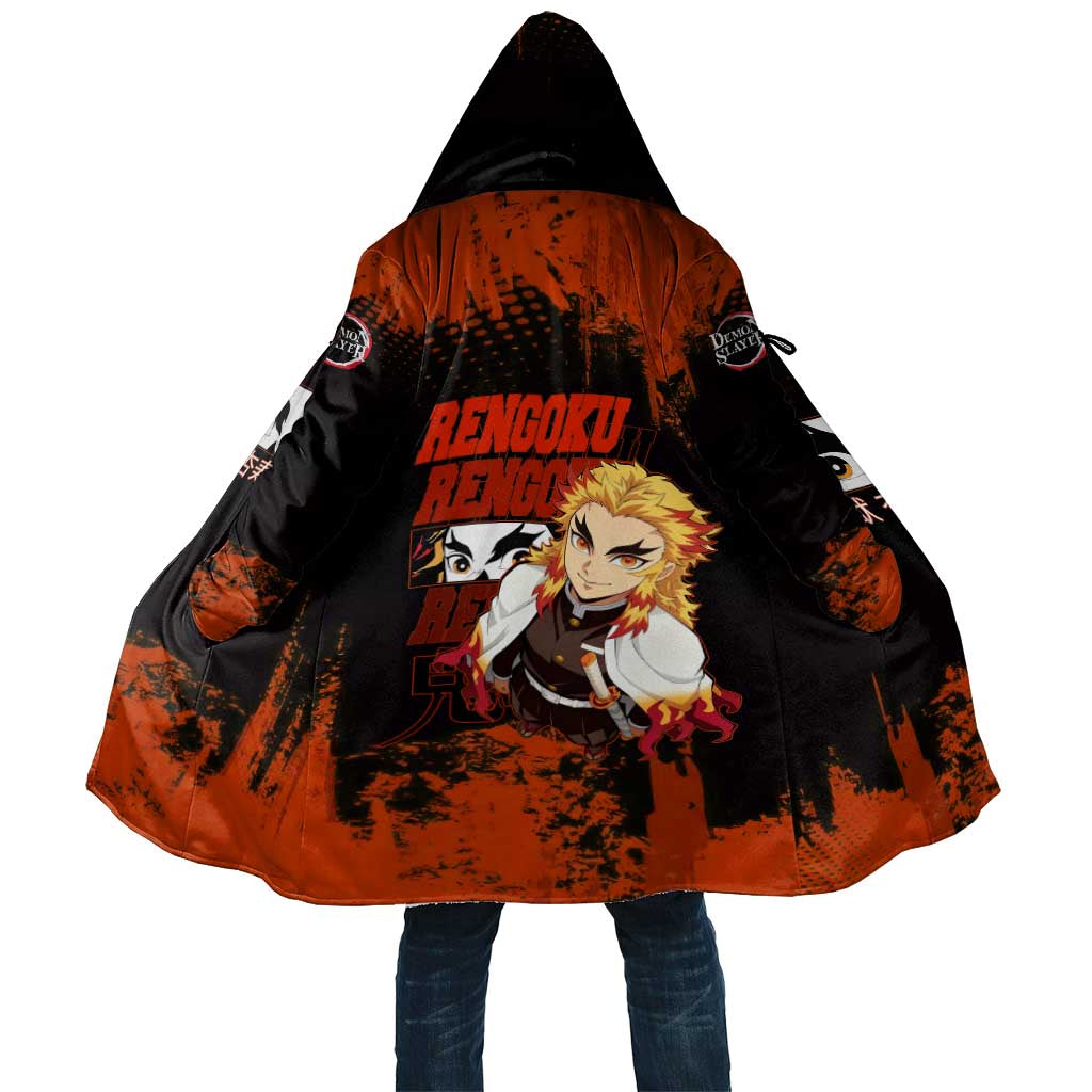 Kyojuro Rengoku Demon Slayer Black and Orange Grunge Design Cloak with Bold Eyes and Flame Hashira Artwork - The Mazicc