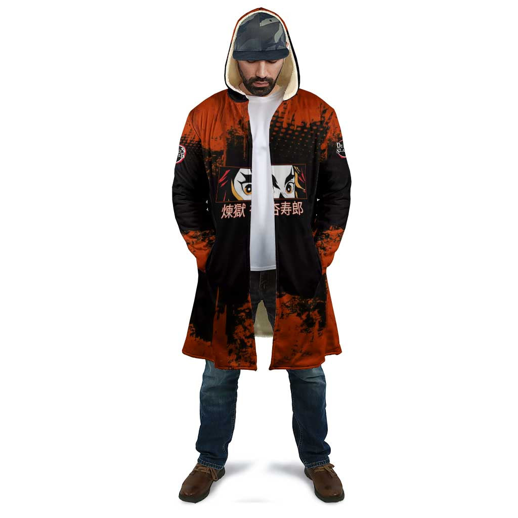 Kyojuro Rengoku Demon Slayer Black and Orange Grunge Design Cloak with Bold Eyes and Flame Hashira Artwork - The Mazicc