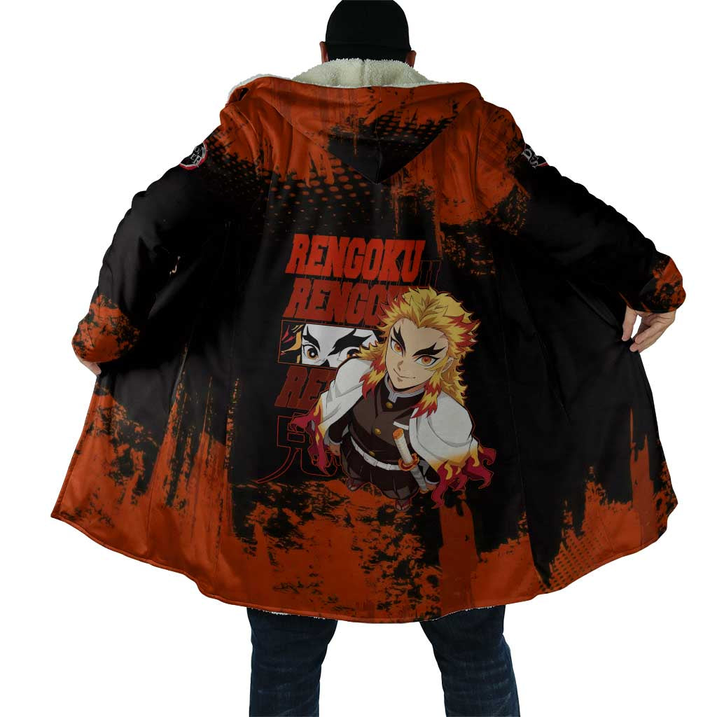Kyojuro Rengoku Demon Slayer Black and Orange Grunge Design Cloak with Bold Eyes and Flame Hashira Artwork - The Mazicc