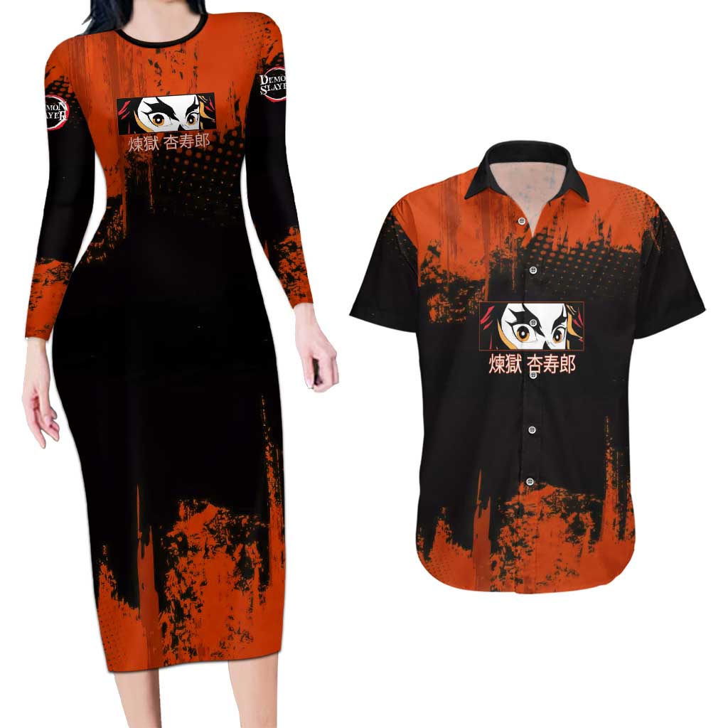 Kyojuro Rengoku Demon Slayer Black and Orange Grunge Design Couples Matching Long Sleeve Bodycon Dress and Hawaiian Shirt with Bold Eyes and Flame Hashira Artwork - The Mazicc