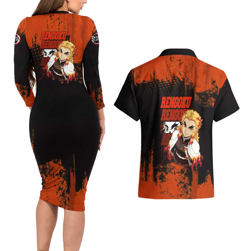Kyojuro Rengoku Demon Slayer Black and Orange Grunge Design Couples Matching Long Sleeve Bodycon Dress and Hawaiian Shirt with Bold Eyes and Flame Hashira Artwork - The Mazicc