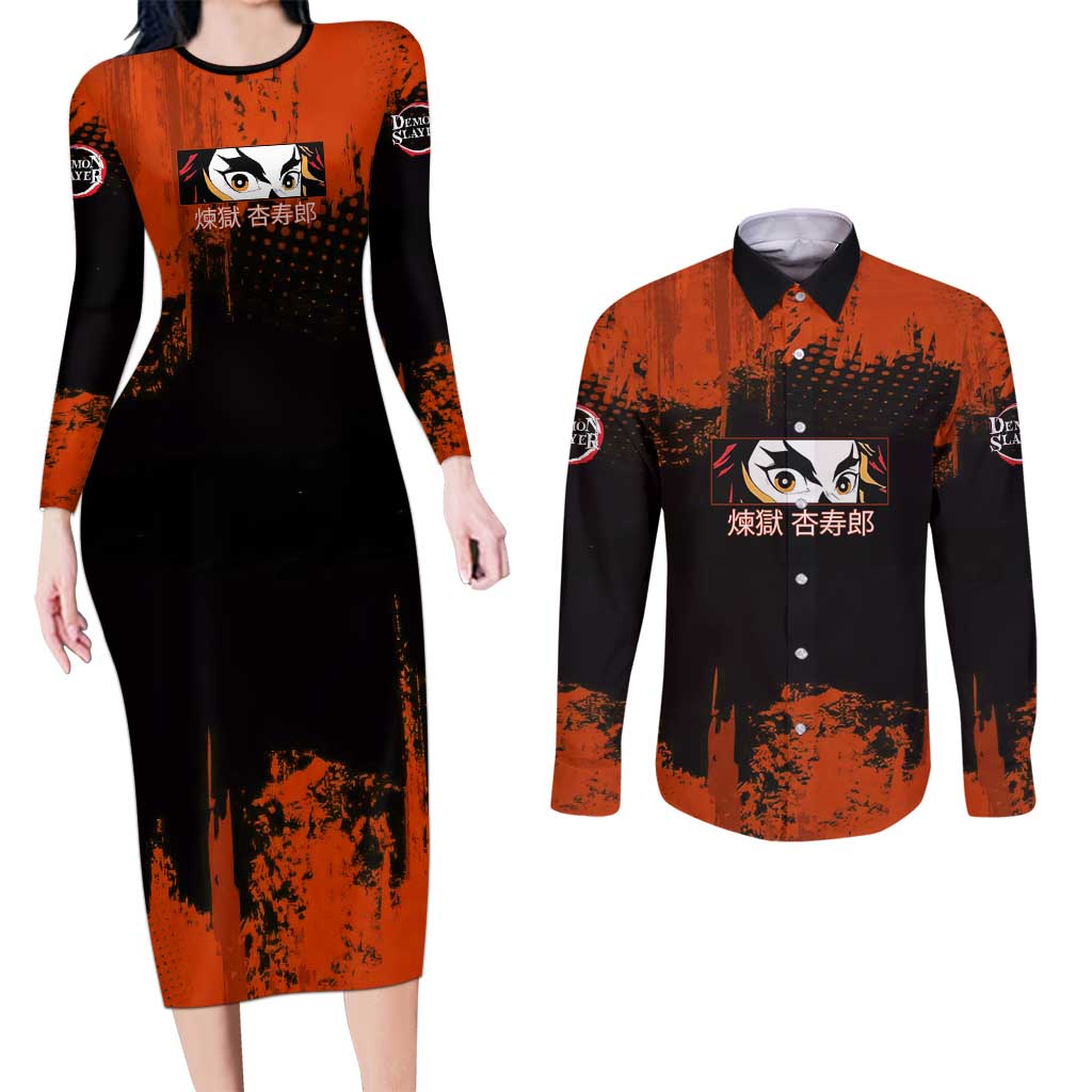 Kyojuro Rengoku Demon Slayer Black and Orange Grunge Design Couples Matching Long Sleeve Bodycon Dress and Long Sleeve Button Shirt with Bold Eyes and Flame Hashira Artwork - The Mazicc