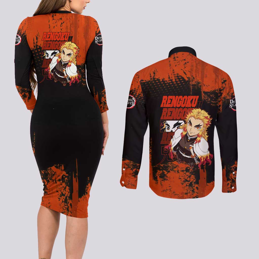 Kyojuro Rengoku Demon Slayer Black and Orange Grunge Design Couples Matching Long Sleeve Bodycon Dress and Long Sleeve Button Shirt with Bold Eyes and Flame Hashira Artwork - The Mazicc