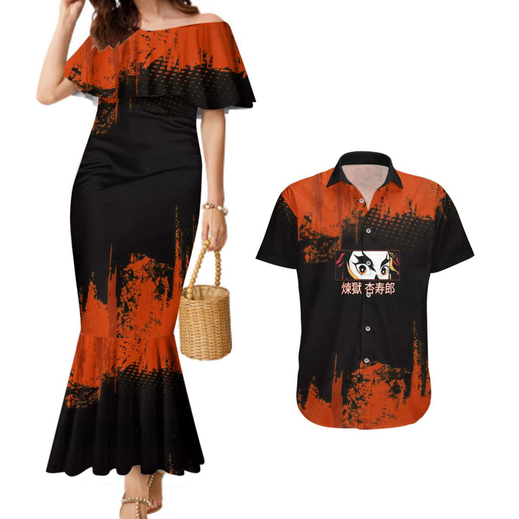 Kyojuro Rengoku Demon Slayer Black and Orange Grunge Design Couples Matching Mermaid Dress and Hawaiian Shirt with Bold Eyes and Flame Hashira Artwork - The Mazicc