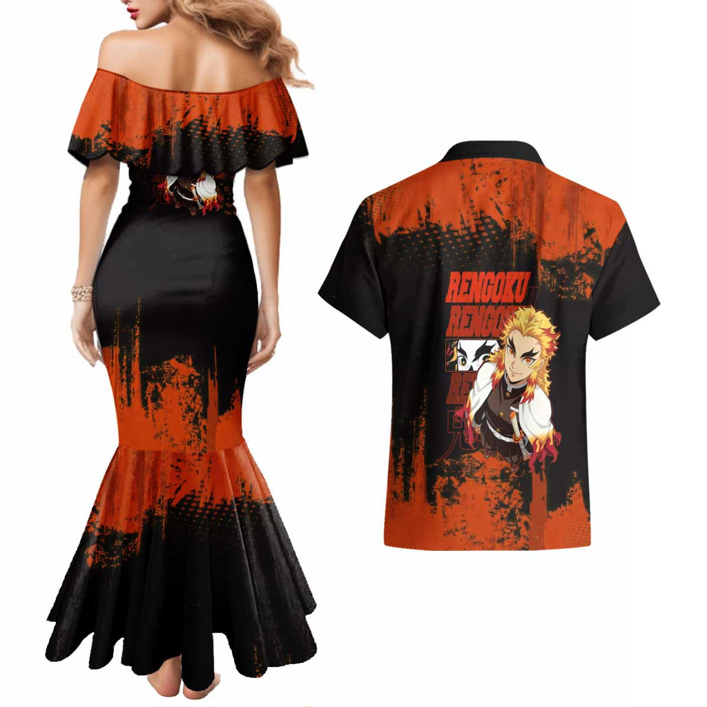 Kyojuro Rengoku Demon Slayer Black and Orange Grunge Design Couples Matching Mermaid Dress and Hawaiian Shirt with Bold Eyes and Flame Hashira Artwork - The Mazicc
