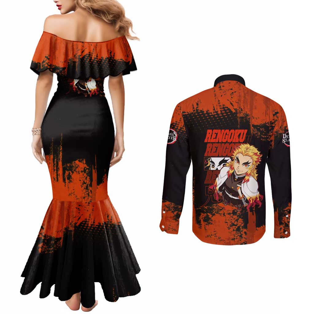 Kyojuro Rengoku Demon Slayer Black and Orange Grunge Design Couples Matching Mermaid Dress and Long Sleeve Button Shirt with Bold Eyes and Flame Hashira Artwork - The Mazicc