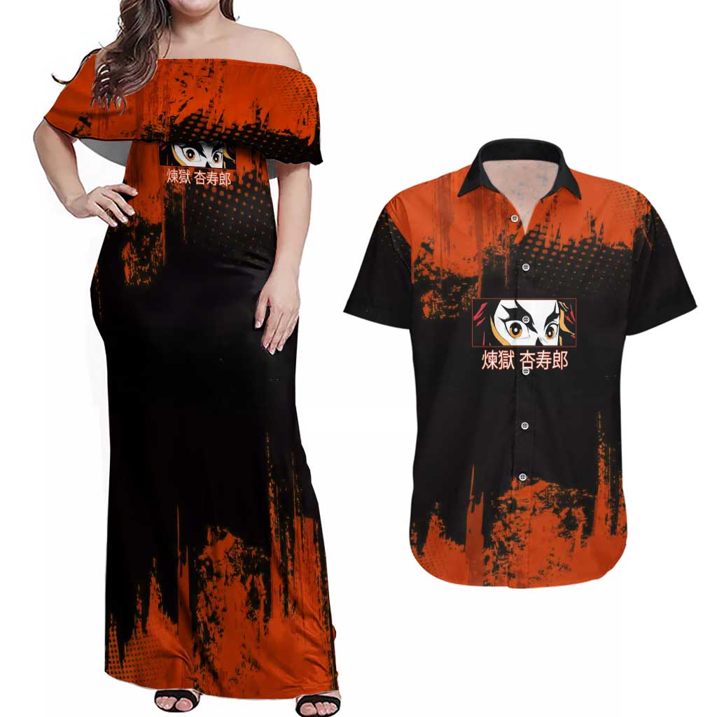 Kyojuro Rengoku Demon Slayer Black and Orange Grunge Design Couples Matching Off Shoulder Maxi Dress and Hawaiian Shirt with Bold Eyes and Flame Hashira Artwork - The Mazicc