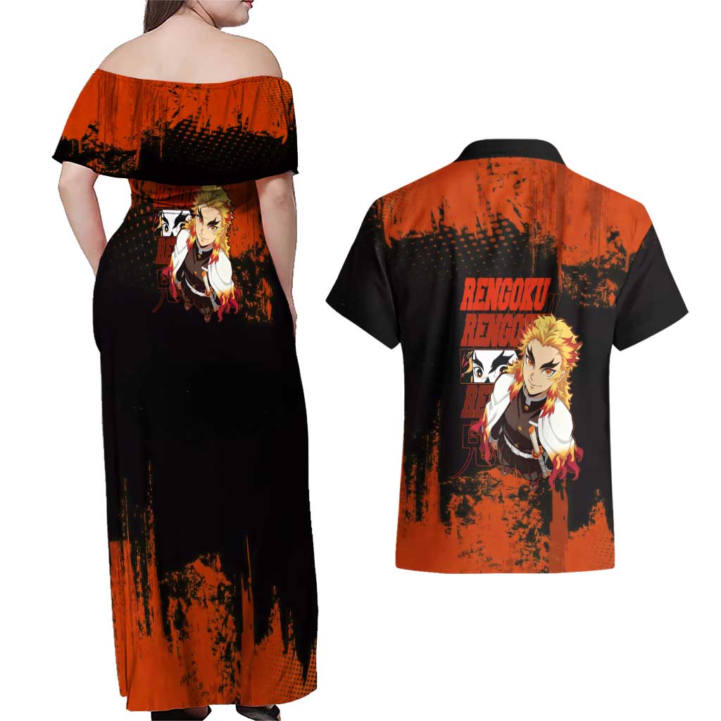 Kyojuro Rengoku Demon Slayer Black and Orange Grunge Design Couples Matching Off Shoulder Maxi Dress and Hawaiian Shirt with Bold Eyes and Flame Hashira Artwork - The Mazicc