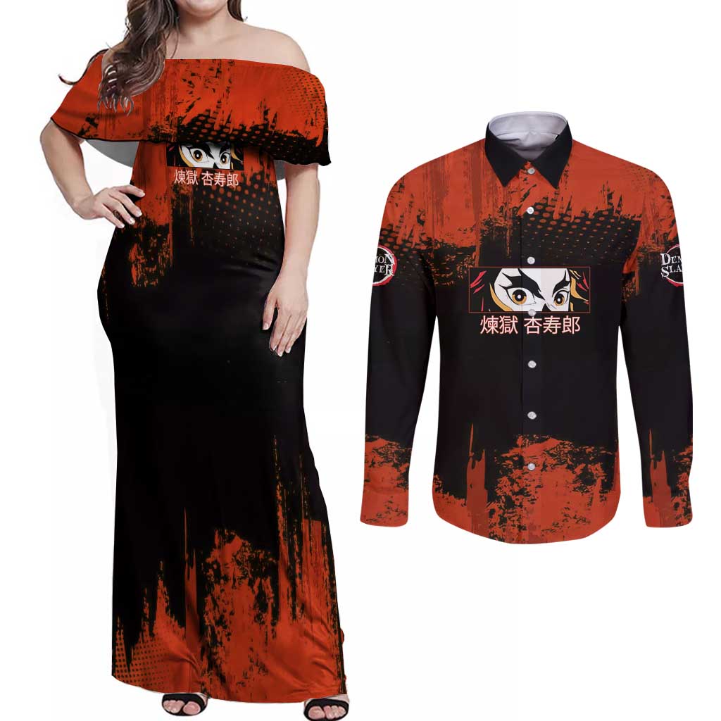 Kyojuro Rengoku Demon Slayer Black and Orange Grunge Design Couples Matching Off Shoulder Maxi Dress and Long Sleeve Button Shirt with Bold Eyes and Flame Hashira Artwork - The Mazicc