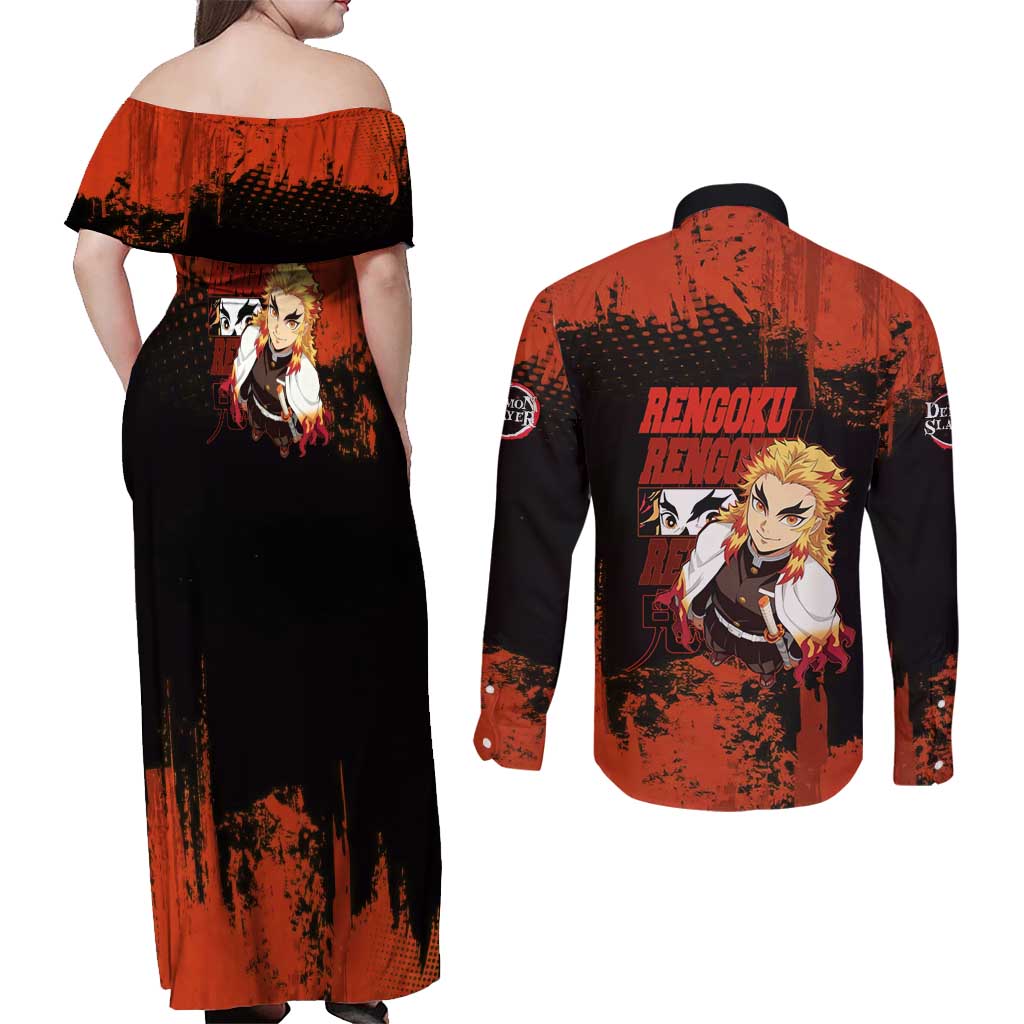 Kyojuro Rengoku Demon Slayer Black and Orange Grunge Design Couples Matching Off Shoulder Maxi Dress and Long Sleeve Button Shirt with Bold Eyes and Flame Hashira Artwork - The Mazicc