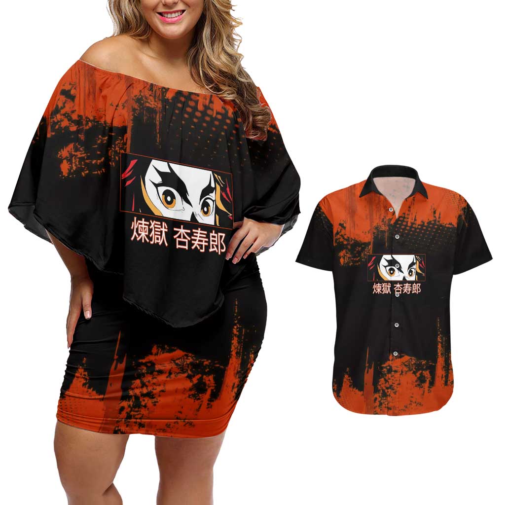 Kyojuro Rengoku Demon Slayer Black and Orange Grunge Design Couples Matching Off Shoulder Short Dress and Hawaiian Shirt with Bold Eyes and Flame Hashira Artwork - The Mazicc
