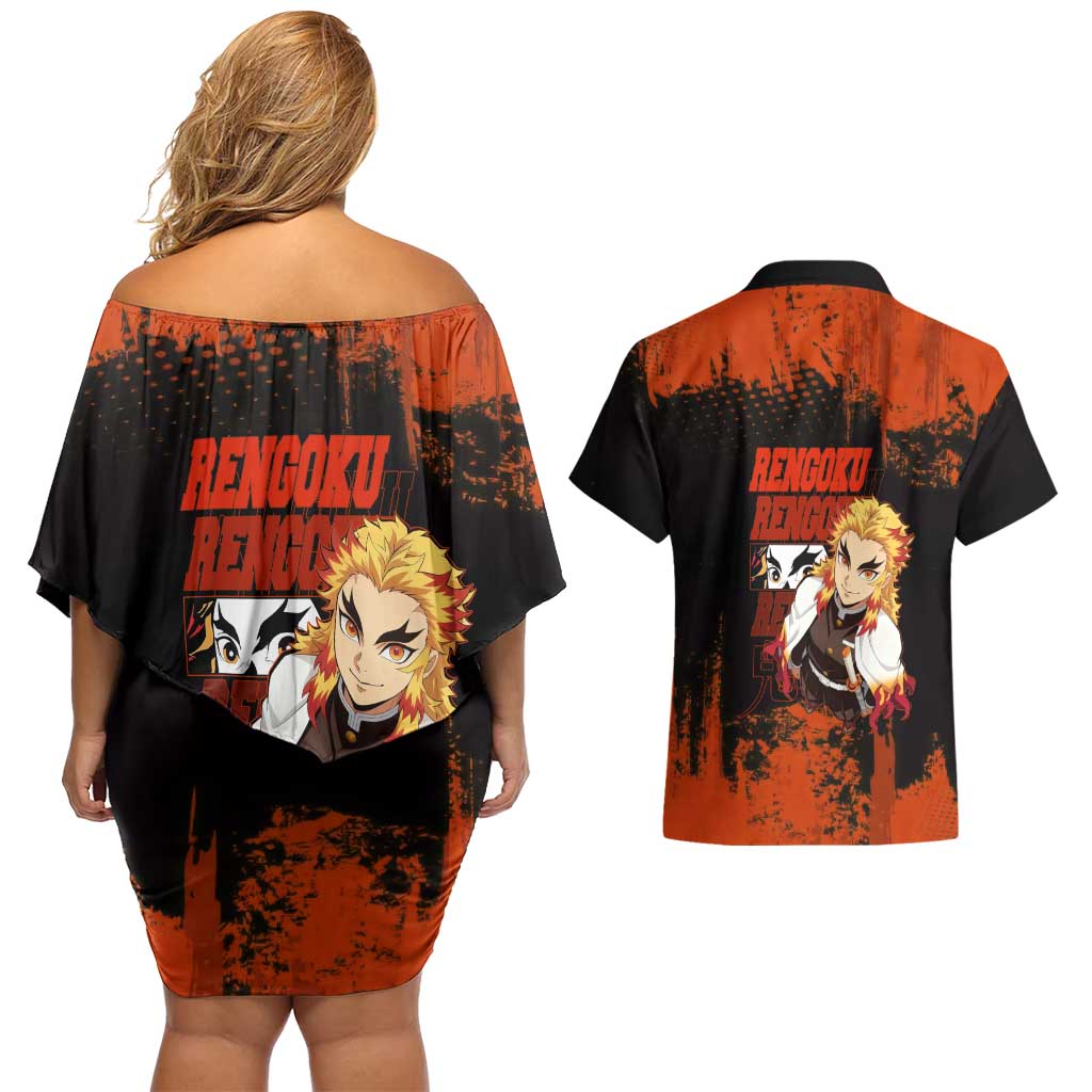 Kyojuro Rengoku Demon Slayer Black and Orange Grunge Design Couples Matching Off Shoulder Short Dress and Hawaiian Shirt with Bold Eyes and Flame Hashira Artwork - The Mazicc