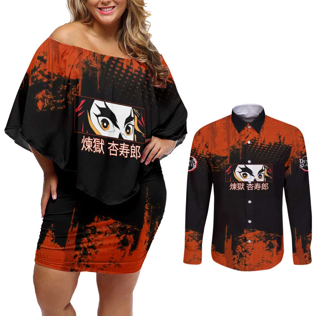 Kyojuro Rengoku Demon Slayer Black and Orange Grunge Design Couples Matching Off Shoulder Short Dress and Long Sleeve Button Shirt with Bold Eyes and Flame Hashira Artwork - The Mazicc