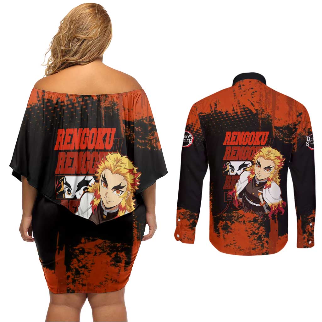 Kyojuro Rengoku Demon Slayer Black and Orange Grunge Design Couples Matching Off Shoulder Short Dress and Long Sleeve Button Shirt with Bold Eyes and Flame Hashira Artwork - The Mazicc