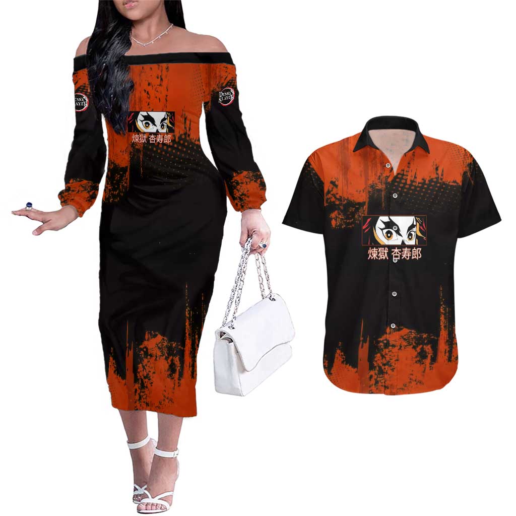 Kyojuro Rengoku Demon Slayer Black and Orange Grunge Design Couples Matching Off The Shoulder Long Sleeve Dress and Hawaiian Shirt with Bold Eyes and Flame Hashira Artwork - The Mazicc
