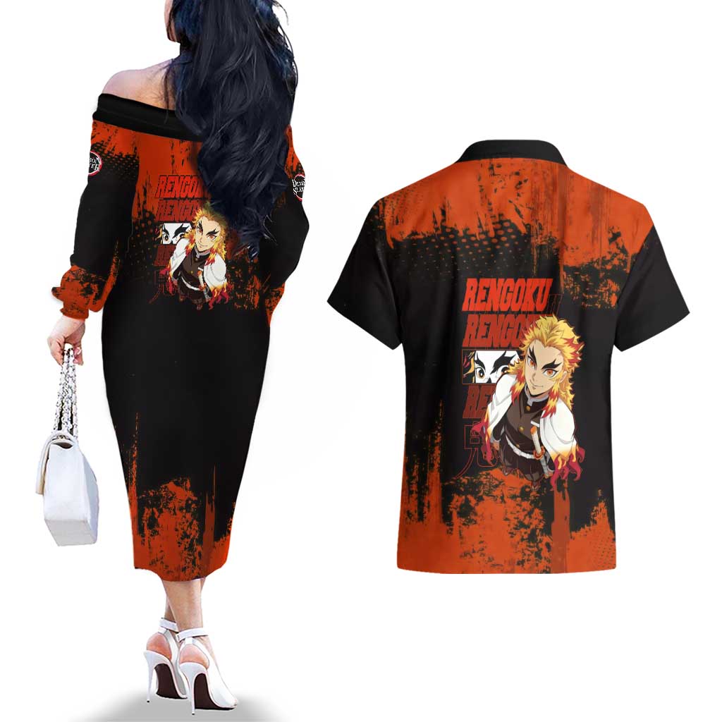 Kyojuro Rengoku Demon Slayer Black and Orange Grunge Design Couples Matching Off The Shoulder Long Sleeve Dress and Hawaiian Shirt with Bold Eyes and Flame Hashira Artwork - The Mazicc