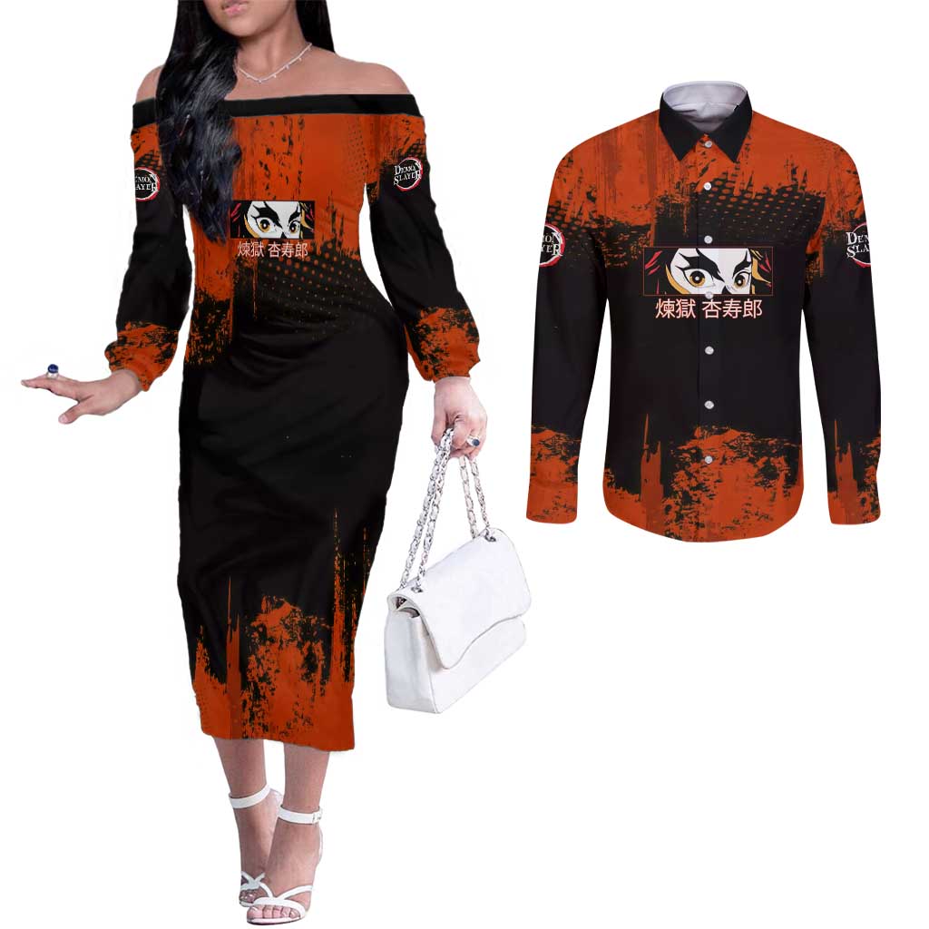 Kyojuro Rengoku Demon Slayer Black and Orange Grunge Design Couples Matching Off The Shoulder Long Sleeve Dress and Long Sleeve Button Shirt with Bold Eyes and Flame Hashira Artwork - The Mazicc