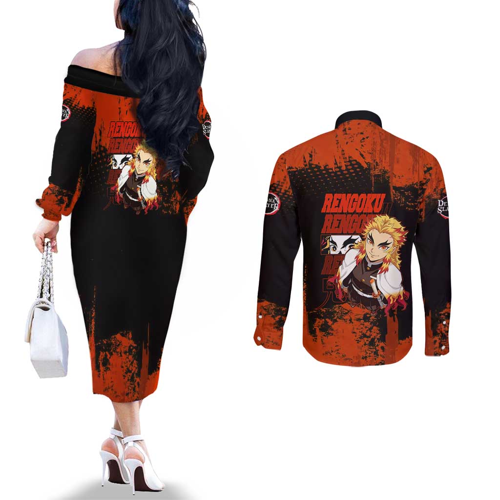 Kyojuro Rengoku Demon Slayer Black and Orange Grunge Design Couples Matching Off The Shoulder Long Sleeve Dress and Long Sleeve Button Shirt with Bold Eyes and Flame Hashira Artwork - The Mazicc