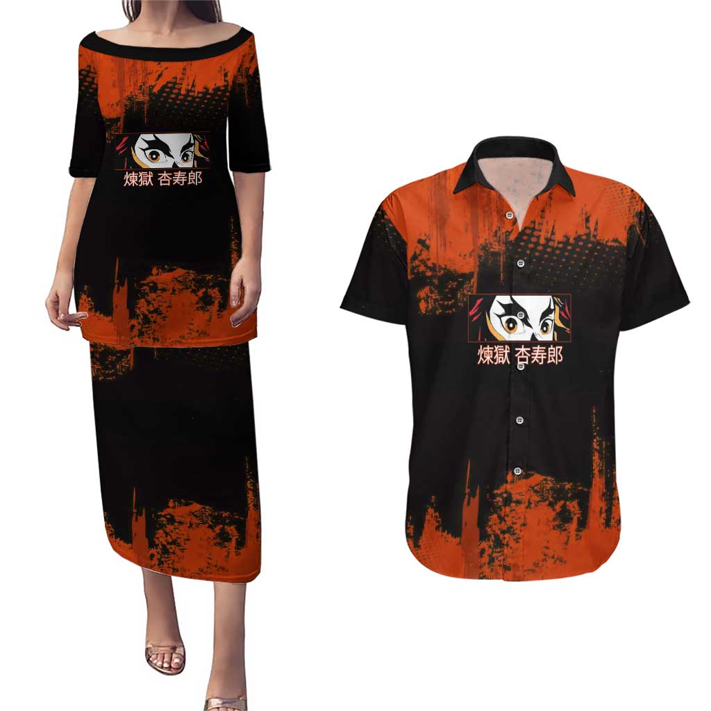 Kyojuro Rengoku Demon Slayer Black and Orange Grunge Design Couples Matching Puletasi and Hawaiian Shirt with Bold Eyes and Flame Hashira Artwork - The Mazicc