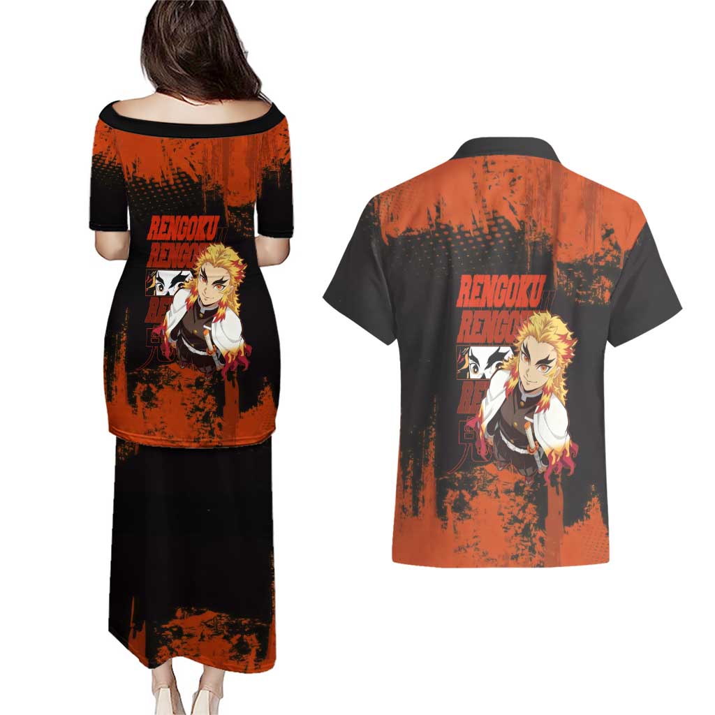 Kyojuro Rengoku Demon Slayer Black and Orange Grunge Design Couples Matching Puletasi and Hawaiian Shirt with Bold Eyes and Flame Hashira Artwork - The Mazicc