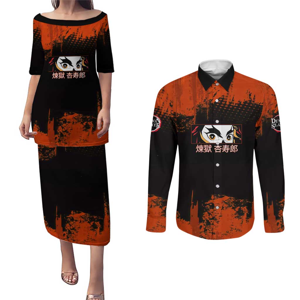 Kyojuro Rengoku Demon Slayer Black and Orange Grunge Design Couples Matching Puletasi and Long Sleeve Button Shirt with Bold Eyes and Flame Hashira Artwork - The Mazicc