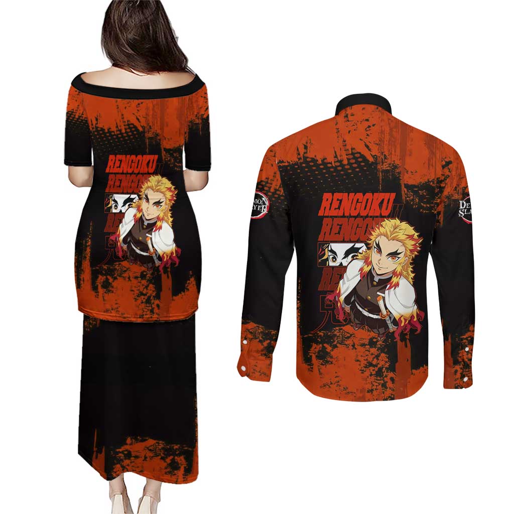 Kyojuro Rengoku Demon Slayer Black and Orange Grunge Design Couples Matching Puletasi and Long Sleeve Button Shirt with Bold Eyes and Flame Hashira Artwork - The Mazicc