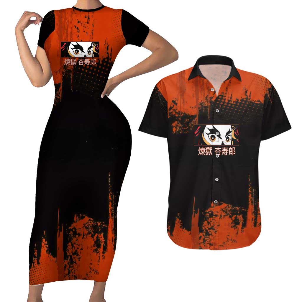 Kyojuro Rengoku Demon Slayer Black and Orange Grunge Design Couples Matching Short Sleeve Bodycon Dress and Hawaiian Shirt with Bold Eyes and Flame Hashira Artwork - The Mazicc