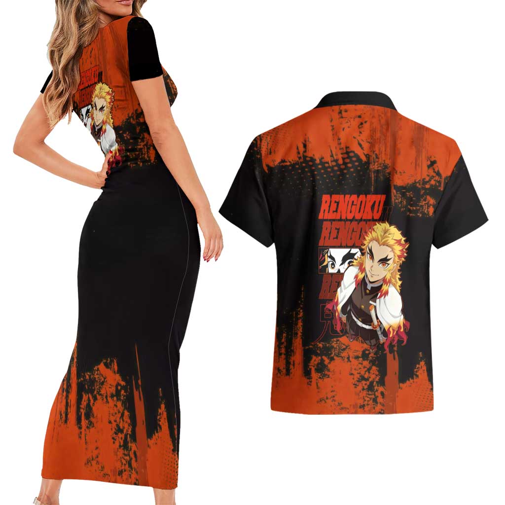 Kyojuro Rengoku Demon Slayer Black and Orange Grunge Design Couples Matching Short Sleeve Bodycon Dress and Hawaiian Shirt with Bold Eyes and Flame Hashira Artwork - The Mazicc
