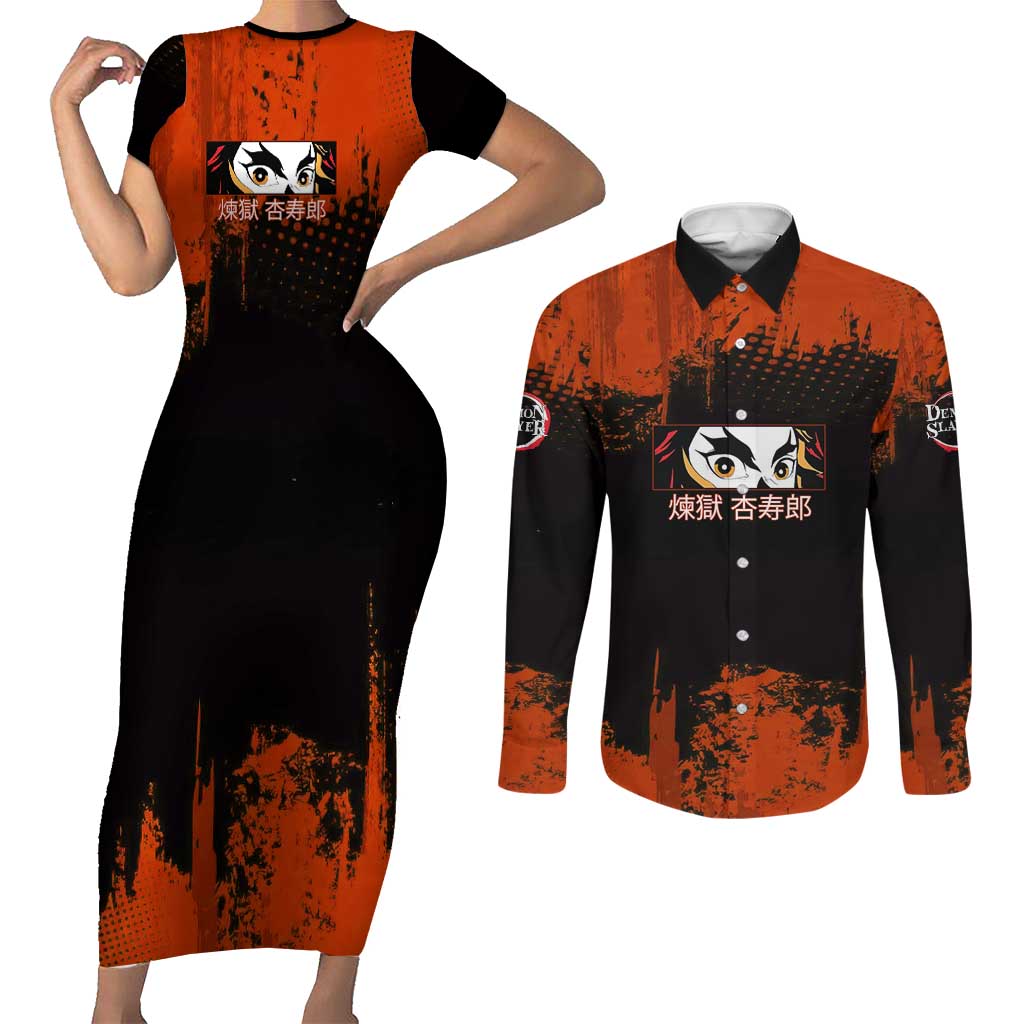 Kyojuro Rengoku Demon Slayer Black and Orange Grunge Design Couples Matching Short Sleeve Bodycon Dress and Long Sleeve Button Shirt with Bold Eyes and Flame Hashira Artwork - The Mazicc