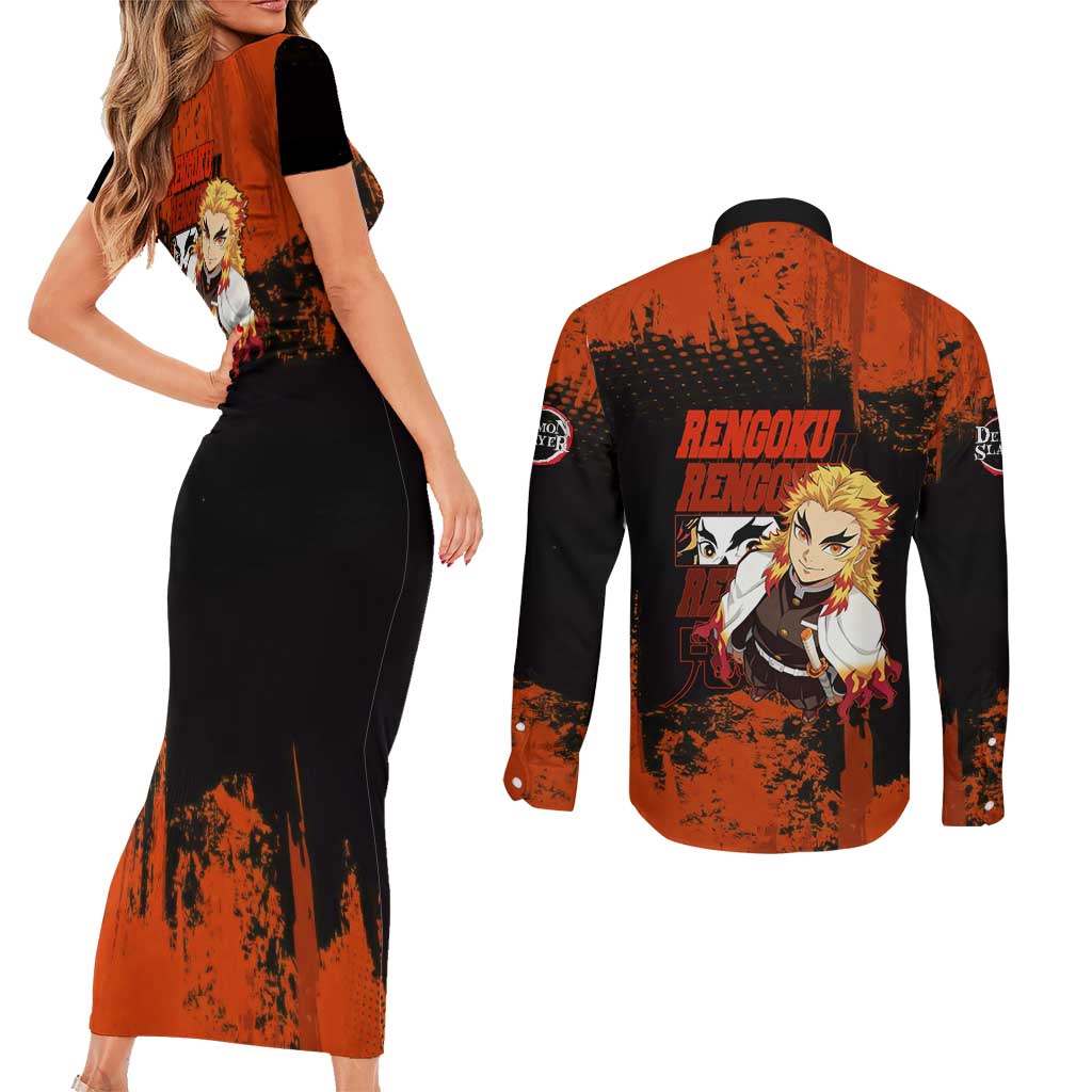 Kyojuro Rengoku Demon Slayer Black and Orange Grunge Design Couples Matching Short Sleeve Bodycon Dress and Long Sleeve Button Shirt with Bold Eyes and Flame Hashira Artwork - The Mazicc