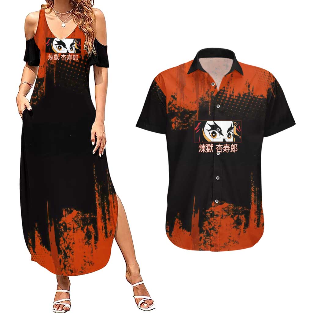 Kyojuro Rengoku Demon Slayer Black and Orange Grunge Design Couples Matching Summer Maxi Dress and Hawaiian Shirt with Bold Eyes and Flame Hashira Artwork - The Mazicc