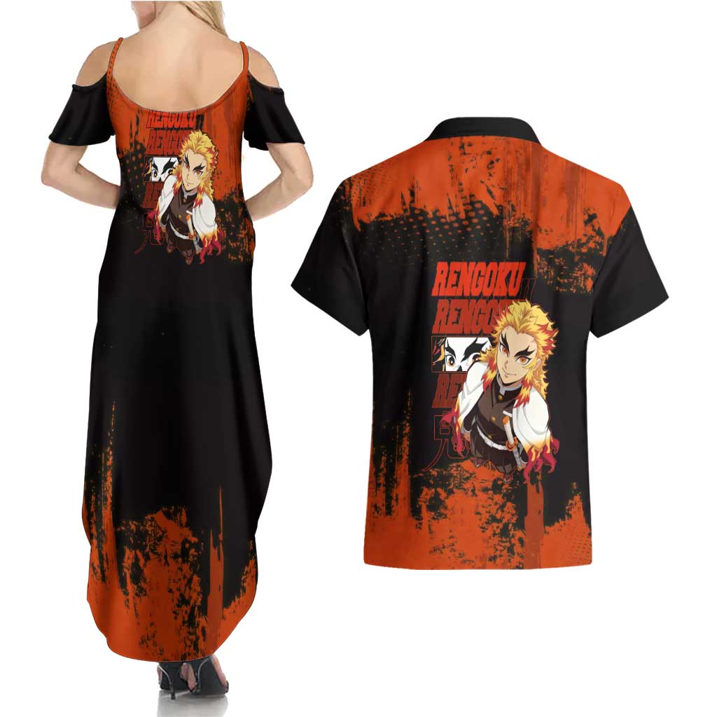 Kyojuro Rengoku Demon Slayer Black and Orange Grunge Design Couples Matching Summer Maxi Dress and Hawaiian Shirt with Bold Eyes and Flame Hashira Artwork - The Mazicc