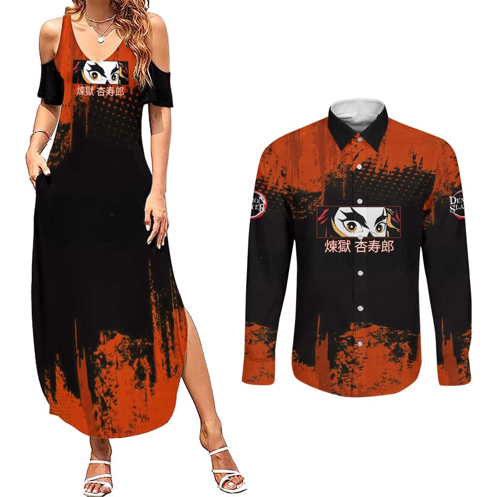 Kyojuro Rengoku Demon Slayer Black and Orange Grunge Design Couples Matching Summer Maxi Dress and Long Sleeve Button Shirt with Bold Eyes and Flame Hashira Artwork - The Mazicc