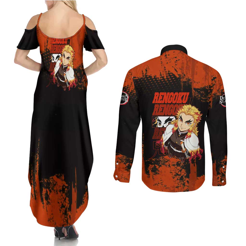 Kyojuro Rengoku Demon Slayer Black and Orange Grunge Design Couples Matching Summer Maxi Dress and Long Sleeve Button Shirt with Bold Eyes and Flame Hashira Artwork - The Mazicc