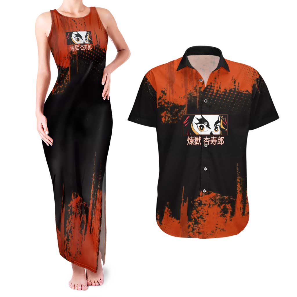 Kyojuro Rengoku Demon Slayer Black and Orange Grunge Design Couples Matching Tank Maxi Dress and Hawaiian Shirt with Bold Eyes and Flame Hashira Artwork - The Mazicc