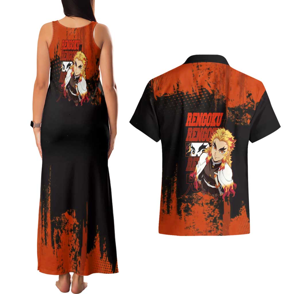 Kyojuro Rengoku Demon Slayer Black and Orange Grunge Design Couples Matching Tank Maxi Dress and Hawaiian Shirt with Bold Eyes and Flame Hashira Artwork - The Mazicc