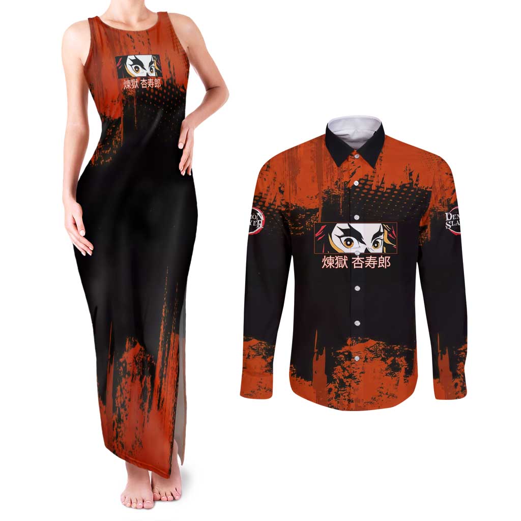 Kyojuro Rengoku Demon Slayer Black and Orange Grunge Design Couples Matching Tank Maxi Dress and Long Sleeve Button Shirt with Bold Eyes and Flame Hashira Artwork - The Mazicc