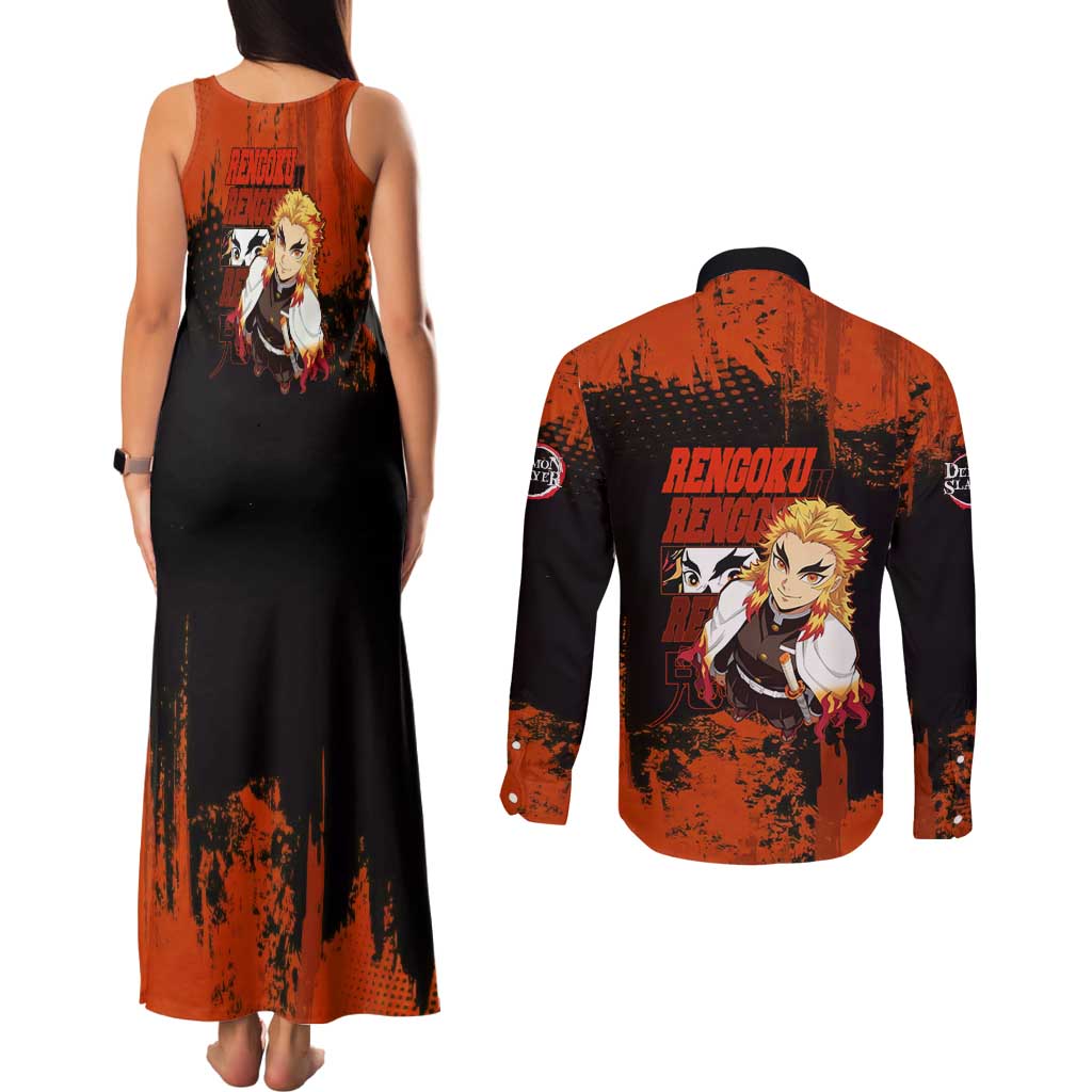 Kyojuro Rengoku Demon Slayer Black and Orange Grunge Design Couples Matching Tank Maxi Dress and Long Sleeve Button Shirt with Bold Eyes and Flame Hashira Artwork - The Mazicc