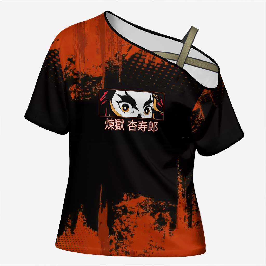 Kyojuro Rengoku Demon Slayer Black and Orange Grunge Design Cross Shoulder Shirt with Bold Eyes and Flame Hashira Artwork - The Mazicc