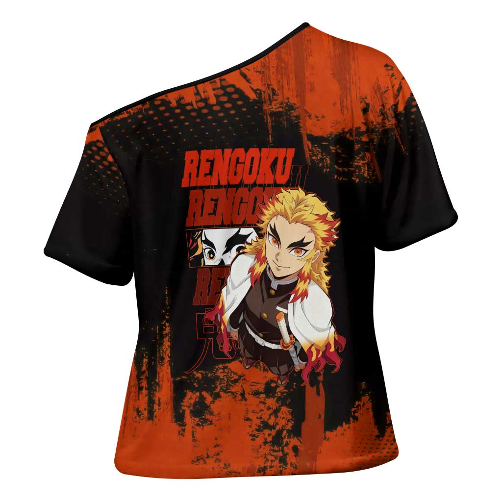 Kyojuro Rengoku Demon Slayer Black and Orange Grunge Design Cross Shoulder Shirt with Bold Eyes and Flame Hashira Artwork - The Mazicc