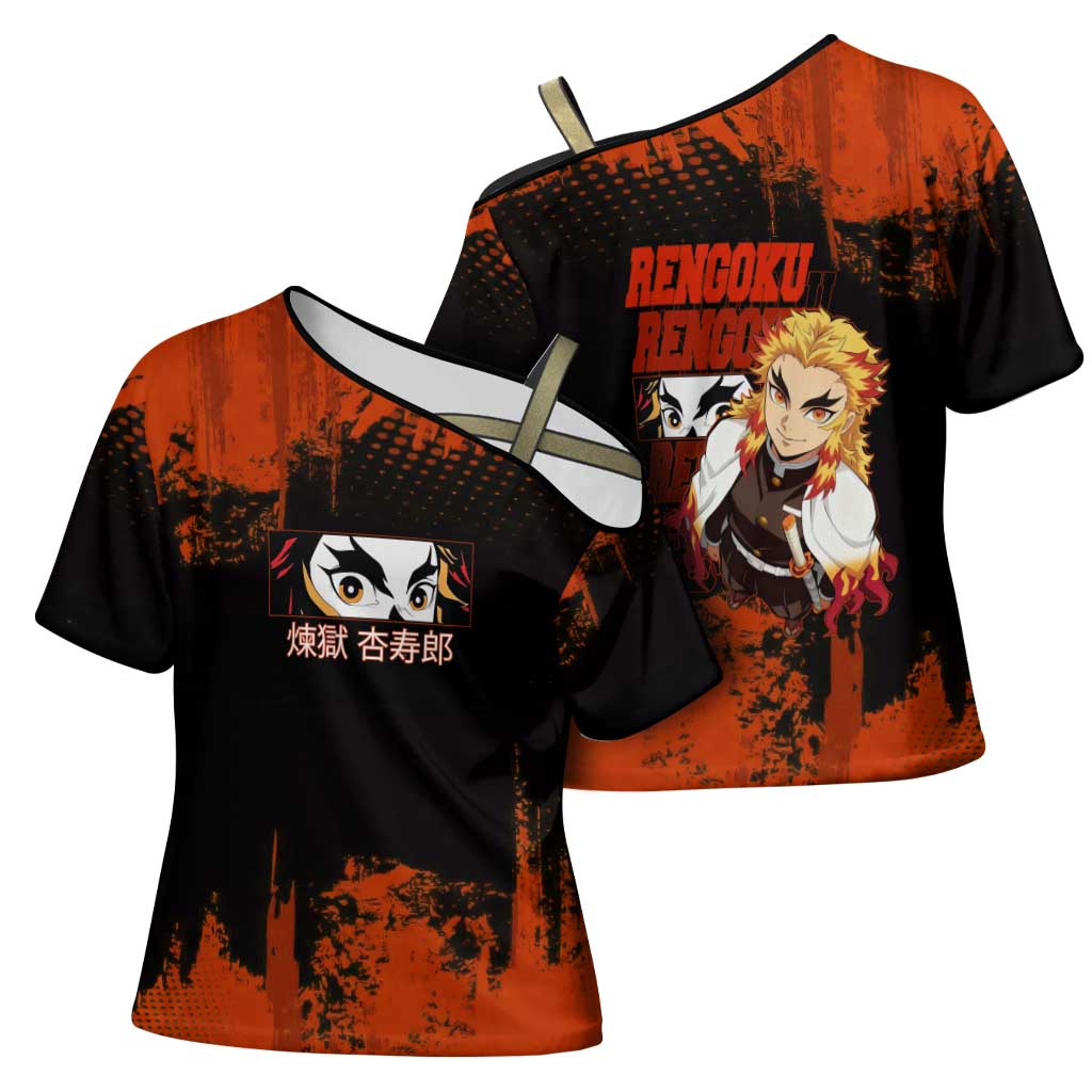 Kyojuro Rengoku Demon Slayer Black and Orange Grunge Design Cross Shoulder Shirt with Bold Eyes and Flame Hashira Artwork - The Mazicc