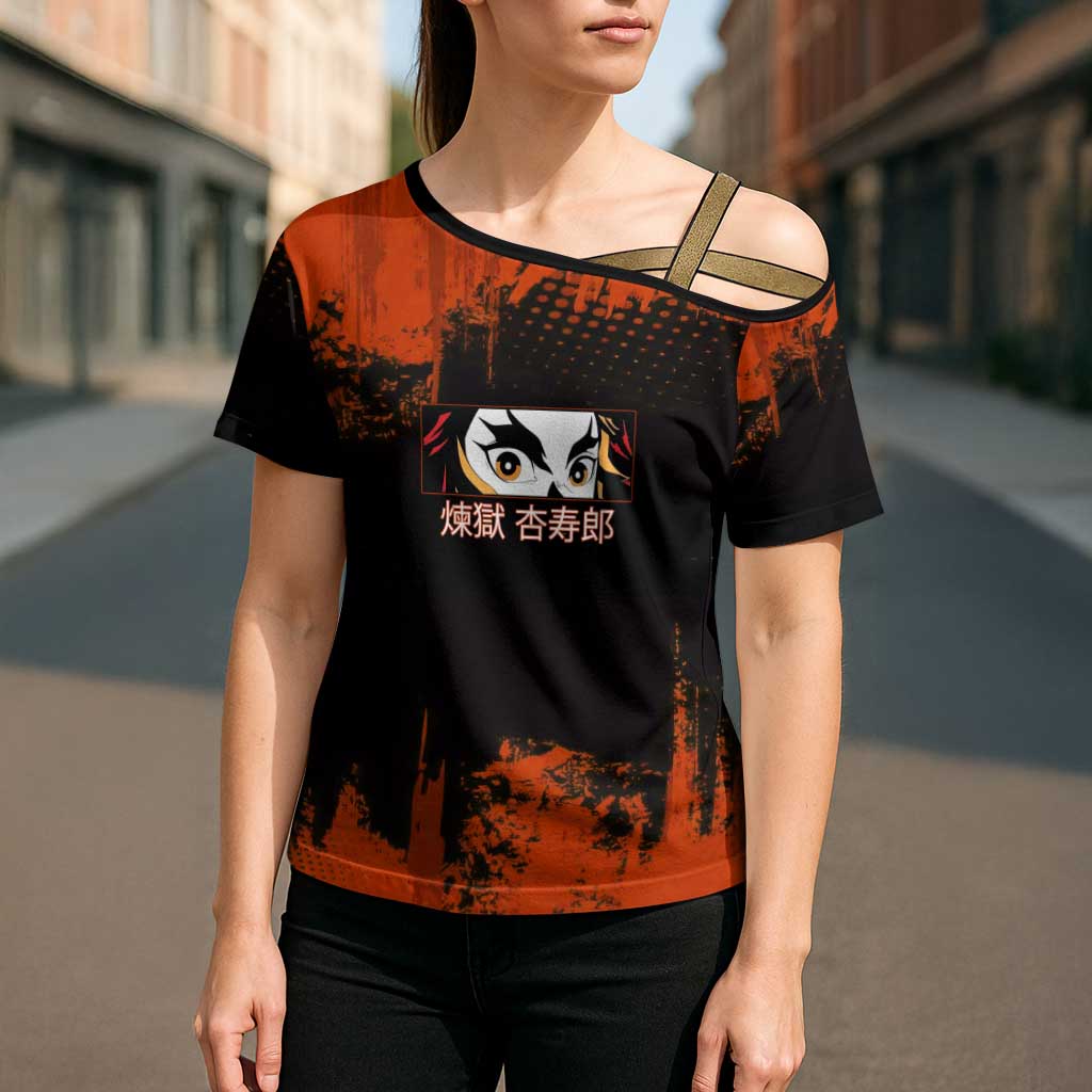 Kyojuro Rengoku Demon Slayer Black and Orange Grunge Design Cross Shoulder Shirt with Bold Eyes and Flame Hashira Artwork - The Mazicc