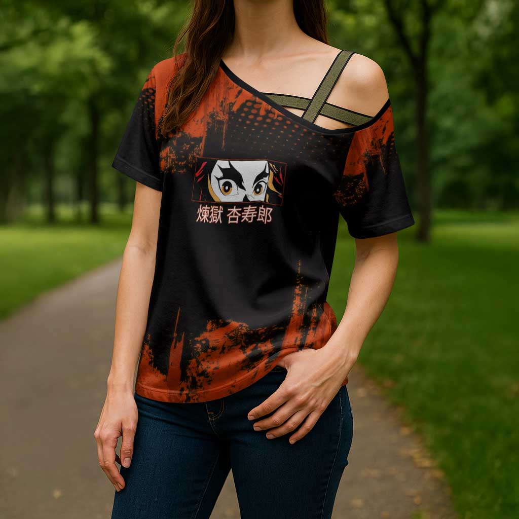 Kyojuro Rengoku Demon Slayer Black and Orange Grunge Design Cross Shoulder Shirt with Bold Eyes and Flame Hashira Artwork - The Mazicc