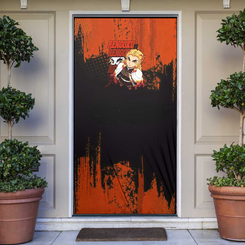 Kyojuro Rengoku Demon Slayer Black and Orange Grunge Design Door Cover with Bold Eyes and Flame Hashira Artwork - The Mazicc