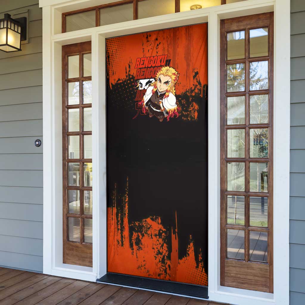 Kyojuro Rengoku Demon Slayer Black and Orange Grunge Design Door Cover with Bold Eyes and Flame Hashira Artwork - The Mazicc