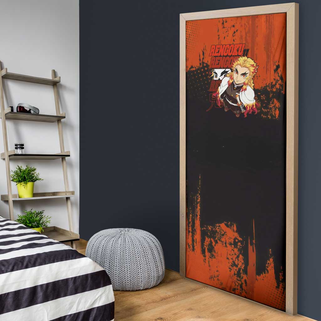 Kyojuro Rengoku Demon Slayer Black and Orange Grunge Design Door Cover with Bold Eyes and Flame Hashira Artwork - The Mazicc