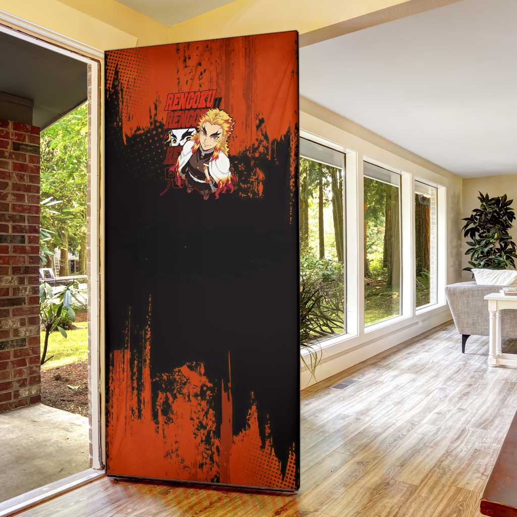 Kyojuro Rengoku Demon Slayer Black and Orange Grunge Design Door Cover with Bold Eyes and Flame Hashira Artwork - The Mazicc