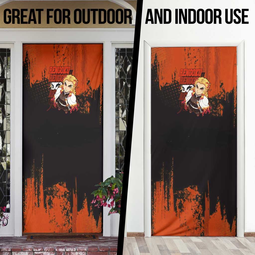 Kyojuro Rengoku Demon Slayer Black and Orange Grunge Design Door Cover with Bold Eyes and Flame Hashira Artwork - The Mazicc