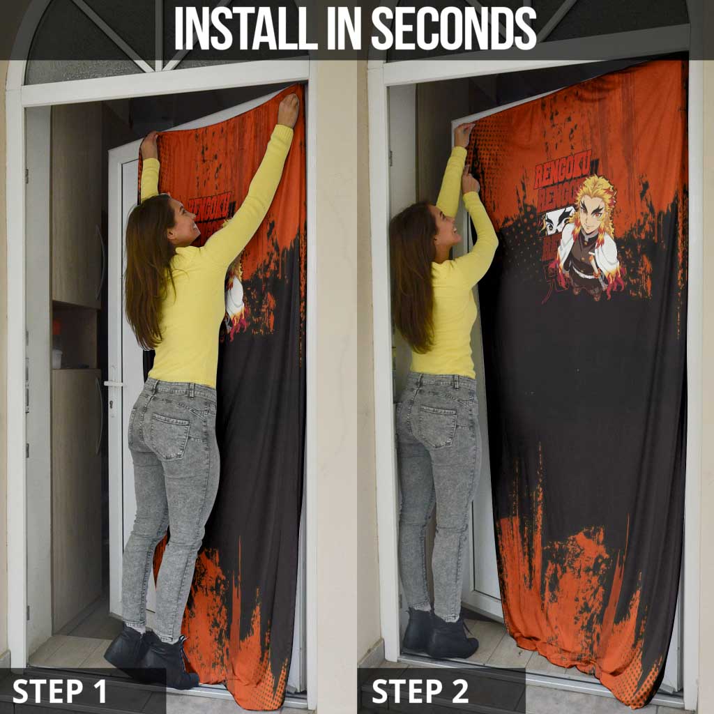 Kyojuro Rengoku Demon Slayer Black and Orange Grunge Design Door Cover with Bold Eyes and Flame Hashira Artwork - The Mazicc