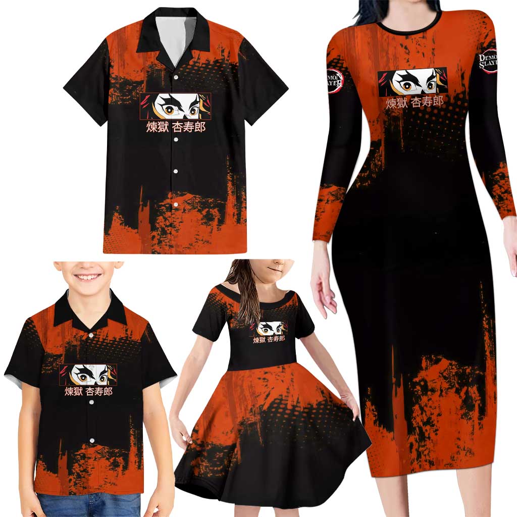 Kyojuro Rengoku Demon Slayer Black and Orange Grunge Design Family Matching Long Sleeve Bodycon Dress and Hawaiian Shirt with Bold Eyes and Flame Hashira Artwork